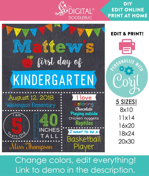 boys printable first day of school sign chalkboard editable poster diy instant online corjl digital file pdf 16x20 20x30 8x10 online chalkboard