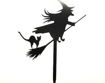 Witch on Broom with Black Cat Metal Art Halloween Yard Garden Sign