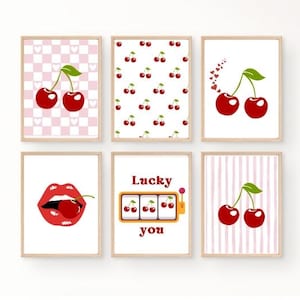 Cherry Wall Art Set of 7 | Printable Retro Fruit Decor | Pink & Red Cherries, Lucky Slot, Lips and More