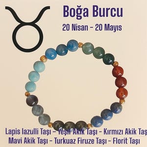 May include: A beaded bracelet featuring a variety of colorful gemstones, including blue, green, and red stones. The bracelet is strung with gold-colored beads. The image also includes the Taurus zodiac symbol and text in Turkish.