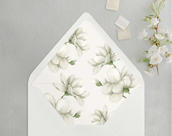 Wedding White Magnolia Blossom Floral Envelope Liner for A7 Euro / Pointed Flap Wedding Invitation Envelopes