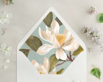 First Bloom Dusty Blue and White Magnolia Floral Envelope Liner for A7 Euro / Pointed Flap Wedding Invitation Envelopes