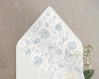 Spring Blooms, Whimsical French Blue Floral Patterned Envelope Liner for A7 Euro / Pointed Flap Wedding Invitation Envelopes