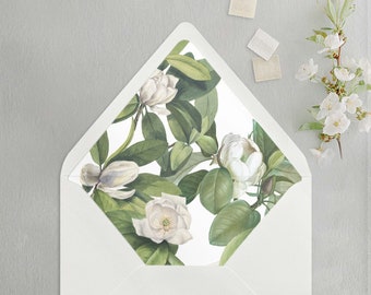 Magnolia Blossom Vintage Floral Envelope Liner for A7 Euro / Pointed Flap Wedding Invitation Envelopes