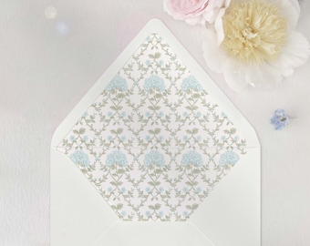 Country Floral, Whimsical French Blue and Green Floral Trellis Envelope Liner for A7 Euro / Pointed Flap Wedding Invitation Envelopes