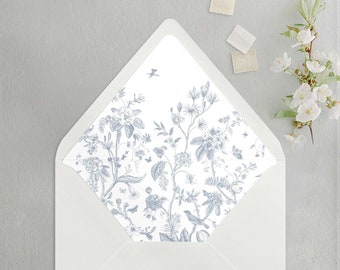 Spring Romance Dusty Blue Floral Garden Envelope Liner for A7 Euro / Pointed Flap Wedding Invitation Envelopes