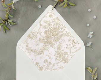 French Country Toile, Vintage Golden Floral Toile de Jouy Envelope Liner for A7 Euro / Pointed Flap Wedding Invitation Envelopes