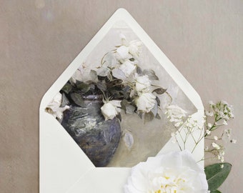 Vintage Vase, Antique White Floral Still Life Envelope Liner for A7 Euro / Pointed Flap Wedding Invitation Envelopes