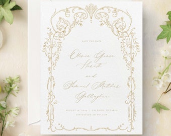 CELINE | Classic Vintage-Style Floral Frame Save the Date Card & Envelope, Modern Elegant Wedding Stationery