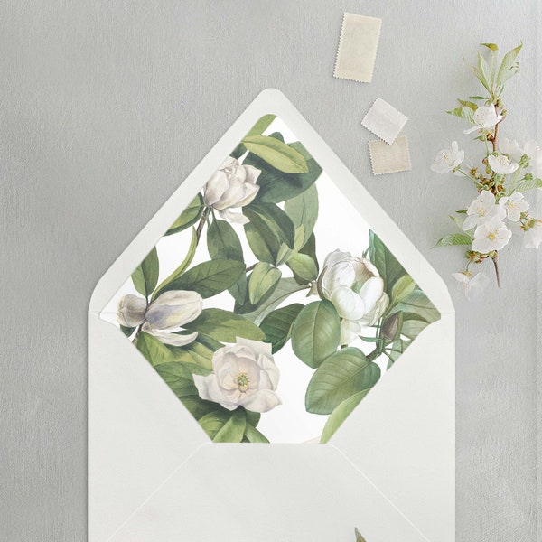 Magnolia Blossom Vintage Floral Envelope Liner for A7 Euro / Pointed Flap Wedding Invitation Envelopes