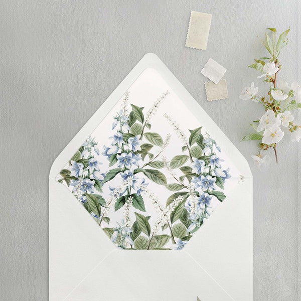 Bluebell Bouquet, Romantic Vintage Blue and White Summer Floral Envelope Liner for A7 Euro / Pointed Flap Wedding Invitation Envelopes