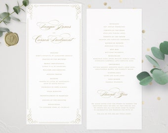 Rosalie | Calligraphy Wedding Program, Traditional Program, Romantic Wedding, Hand-Lettering, Formal Wedding, Gold Foil, Black Tie