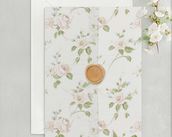 Country Roses Vellum Wrap, Classic Watercolour Floral Pattern Translucent Vellum Jacket for Wedding Invitations