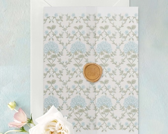 Country Floral Vellum Wrap, Whimsical French Blue and Green Floral Trellis Translucent Vellum Jacket for Wedding Invitations