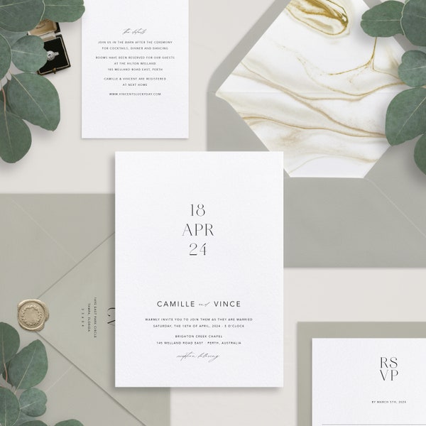 No. 11 | Camille - Modern Minimalist Art Deco Inspired Marble Wedding Invitation