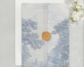 Illustrated Oak Tree Vellum Wrap, Neutral Blue Vintage Botanical Translucent Vellum Jacket for Wedding Invitations