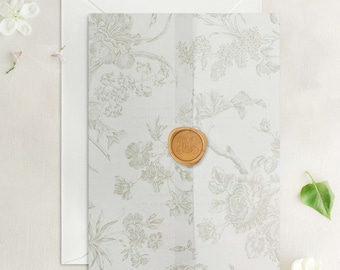 Antique Floral Chinoiserie Vellum Wrap, Elegant Muted Colour Translucent Vellum Jacket for Wedding Invitations