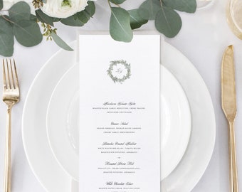 No. 14 | Hallie - Boxwood Monogram Wreath Calligraphy Day of Wedding Menu Card