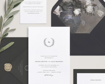 No. 4  |  Dayna - Black Tie Monogram Wreath Wedding Invitation