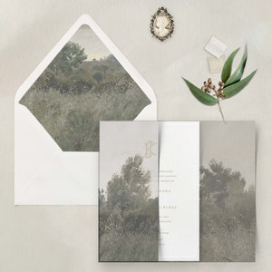 Breezy Meadow Vintage Landscape Vellum Wrap, Neutral Green Summer Scenery Translucent Vellum Jacket for Wedding Invitations image 4