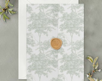 Botanical Chinoiserie Vellum Wrap, Vintage Muted Sage Green Oak Tree Translucent Vellum Jacket for Wedding Invitations