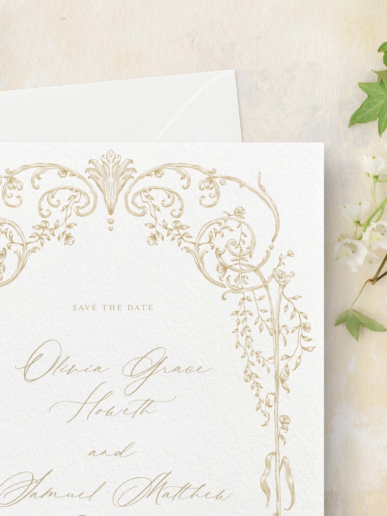 CELINE Classic Vintage-Style Floral Frame Save the Date Card & Envelope, Modern Elegant Wedding Stationery image 2