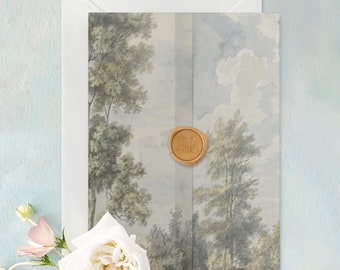 Summer Afternoon Vellum Wrap, Vintage Country Tree Landscape Translucent Vellum Jacket for Wedding Invitations