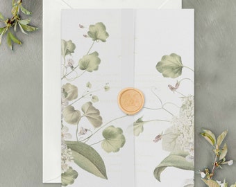 Neutral Green Wildflower Vellum Wrap, Summer Botanical Translucent Vellum Jacket for Wedding Invitations