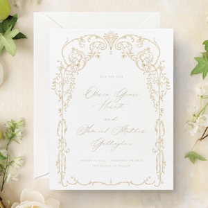 CELINE Classic Vintage-Style Floral Frame Save the Date Card & Envelope, Modern Elegant Wedding Stationery image 1