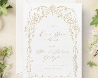 CELINE | Classic Vintage-Style Floral Frame Save the Date Card & Envelope, Modern Elegant Wedding Stationery