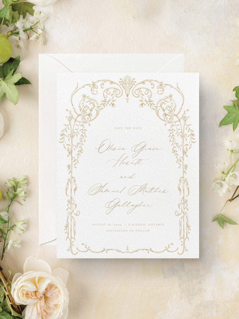 CELINE Classic Vintage-Style Floral Frame Save the Date Card & Envelope, Modern Elegant Wedding Stationery image 1