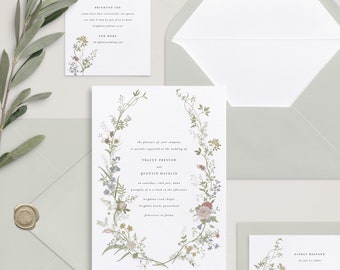 No. 13 | Greer - Romantic Muted Wildflower Wreath Wedding Invitation