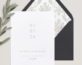 No. 38 | Isla - Black Tie Modern Minimalist Monogram Wedding Save the Date Card & Envelope