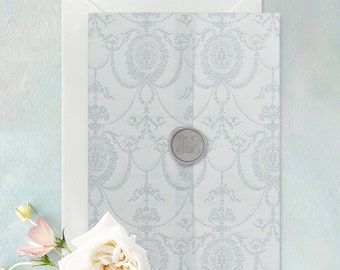 Elegant Toile Wallpaper Vellum Wrap, Classic Blue and White Victorian Translucent Vellum Jacket for Wedding Invitations
