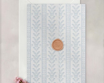 Floral Stripe Wallpaper Vellum Wrap, Classic Blue and White Parisian Translucent Vellum Jacket for Wedding Invitations