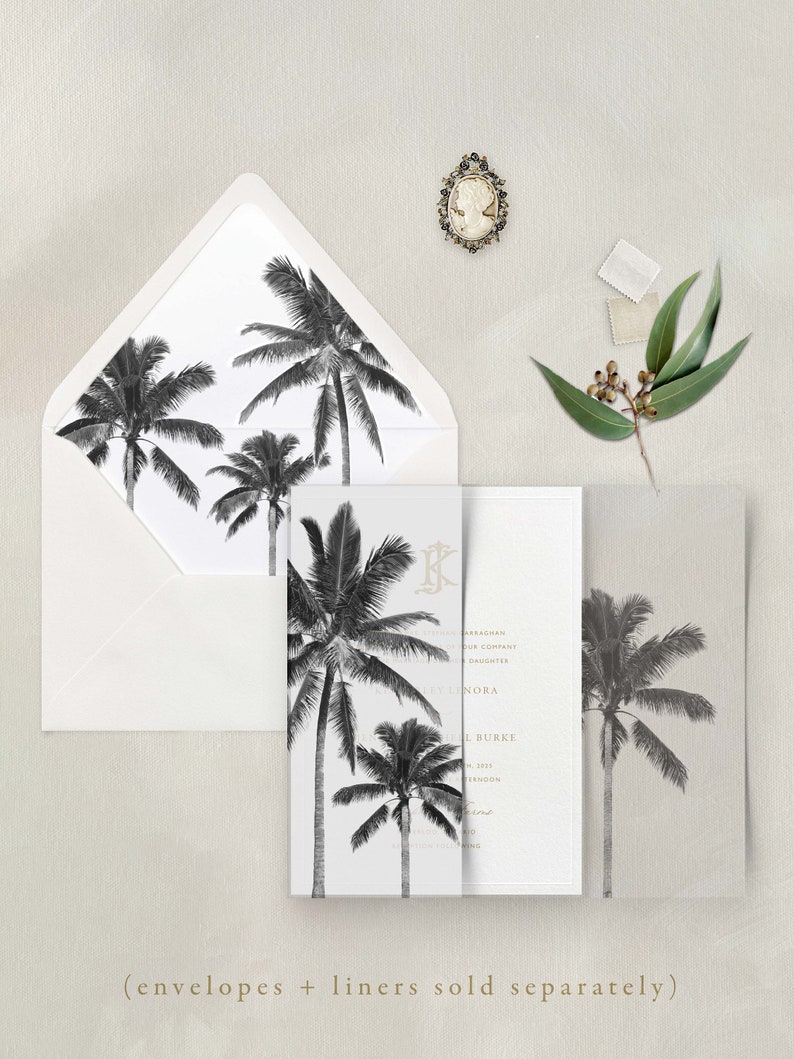 Modern Palm Tree Vellum Wrap, Black and White Beach Scenery Translucent Vellum Jacket for Wedding Invitations image 4