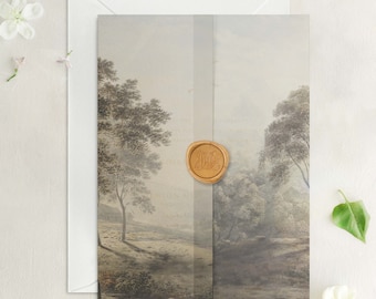 Misty Morning Vellum Wrap, Neutral Vintage Country Landscape Translucent Vellum Jacket for Wedding Invitations