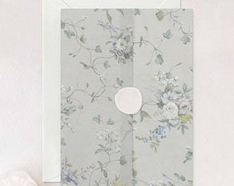 Muted Floral Chintz Vellum Wrap, Classic Dusty Blue & Greige Flower Wallpaper Translucent Vellum Jacket for Wedding Invitations