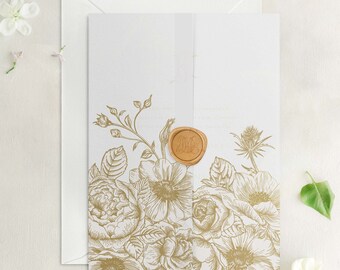 Golden Flower Bouquet Vellum Wrap, Modern and Neutral Summer Rose Translucent Vellum Jacket for Wedding Invitations