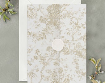 French Country Toile Vellum Wrap, Vintage Golden Floral Toile de Jouy Translucent Vellum Jacket for Wedding Invitations
