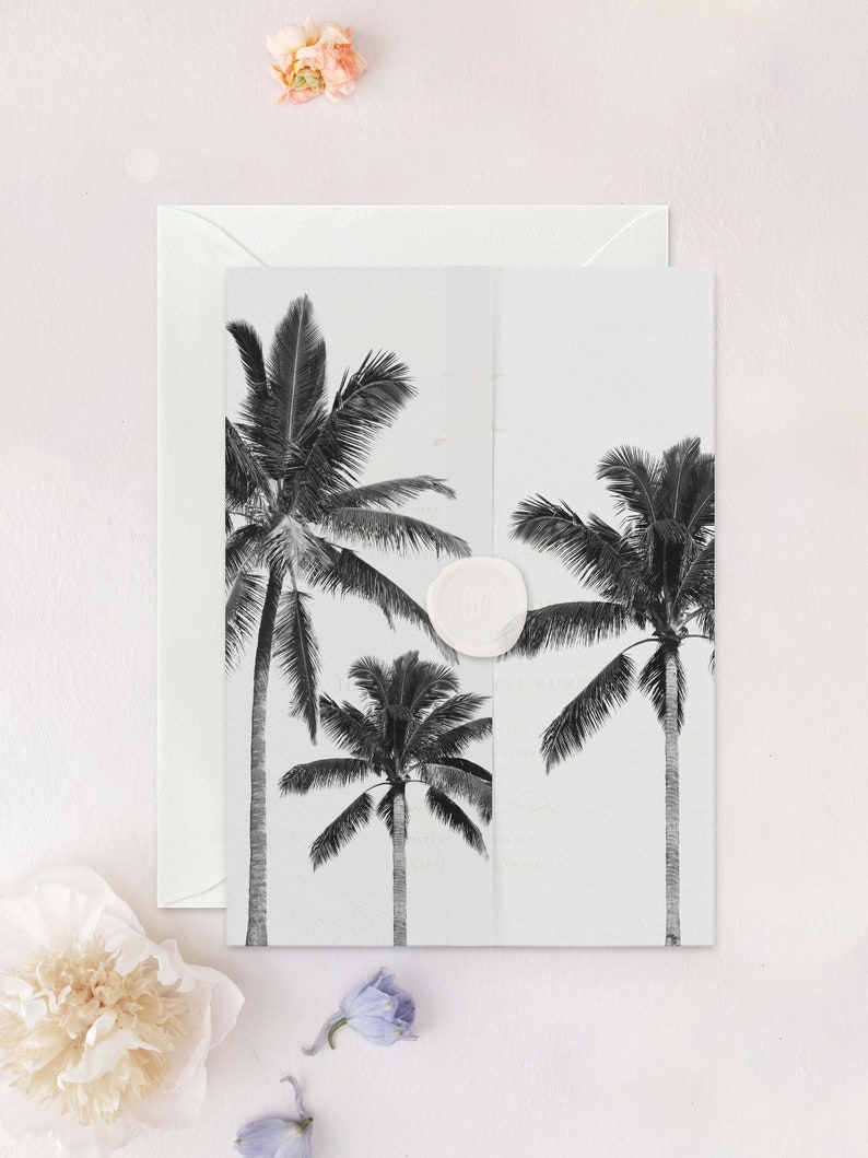 Modern Palm Tree Vellum Wrap, Black and White Beach Scenery Translucent Vellum Jacket for Wedding Invitations image 1