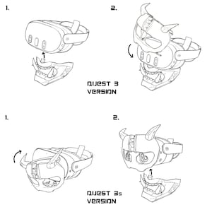 Diagram showing how the Cyber Oni faceplate and headplate attach to assemble the full mask on the Quest 3 and Quest 3s