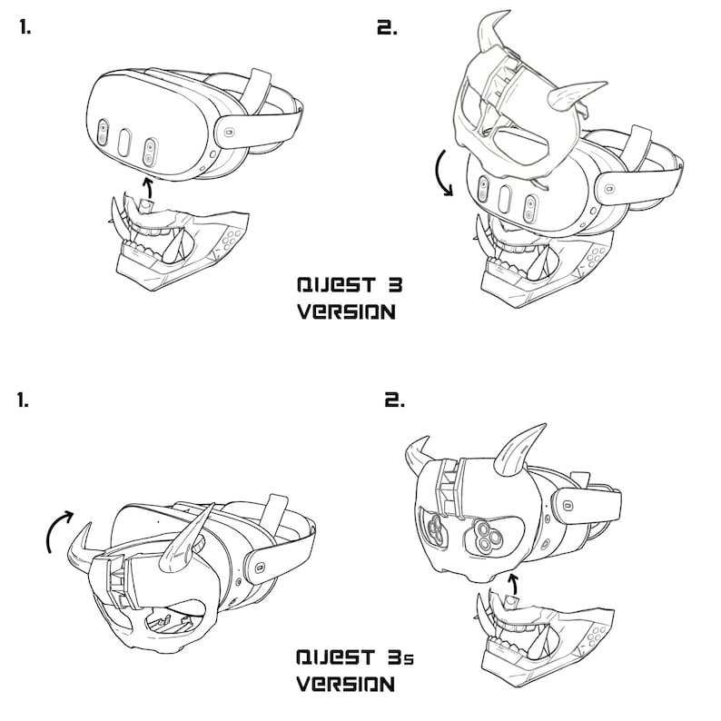 Diagram showing how the Cyber Oni faceplate and headplate attach to assemble the full mask on the Quest 3 and Quest 3s