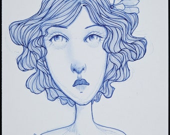 Original Ink Illustration Blue portrait Girl with Flowers