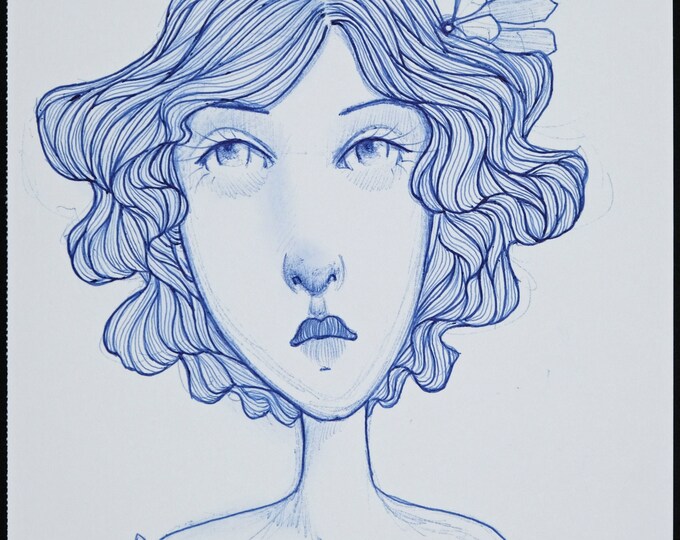 Original Ink Illustration Blue Portrait Girl With Flowers - Etsy