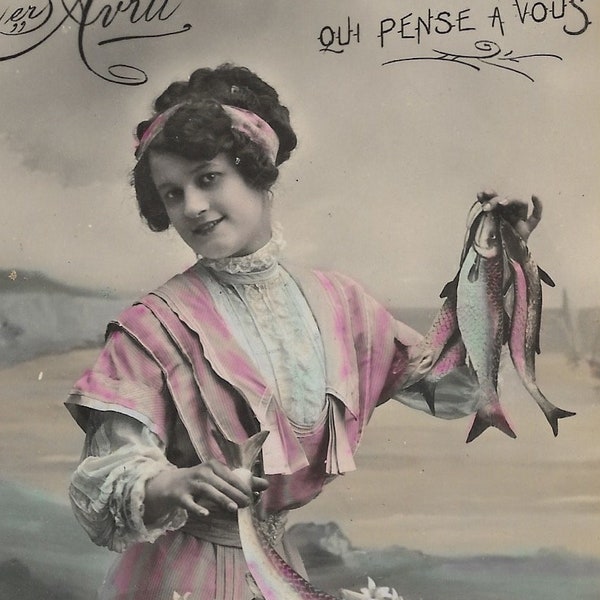 French RPPC Avril Woman Vintage Glossy Real Photo Postcard Ephemera Edwardian April Fools day fish Used