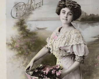 Franse RPPC Avril Vrouw Vintage Glossy Echte Foto Ansichtkaart Ephemera Edwardian April Fools dag vis Gebruikt