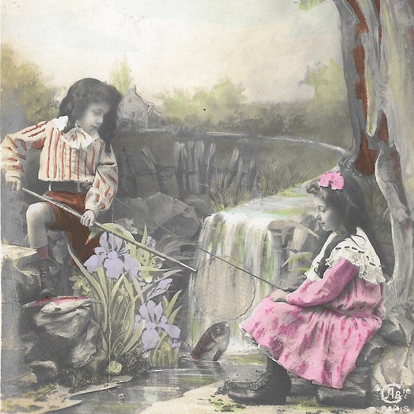 French RPPC Avril Children Vintage Postcard Ephemera Edwardian April Fools day fish Used