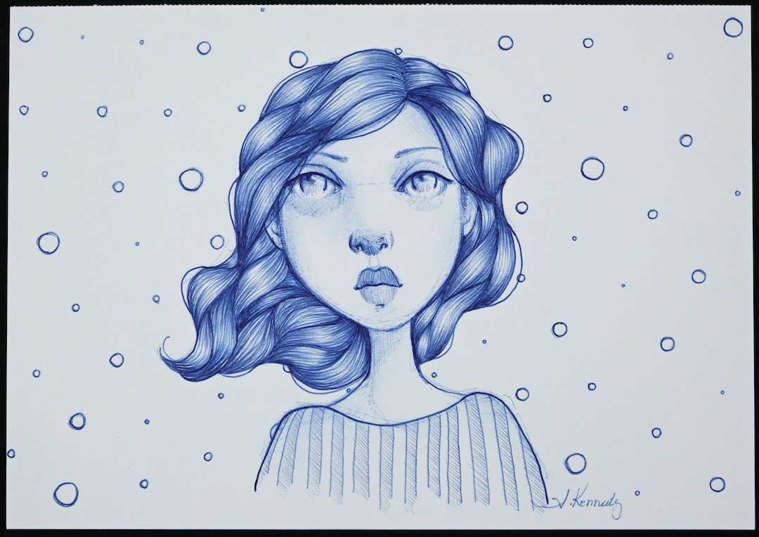 Original Ink Illustration Blue Portrait Girl With Polka Dot Sky - Etsy