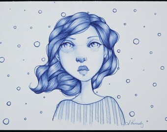 Original Ink Illustration Blue portrait Girl with Polka Dot Sky